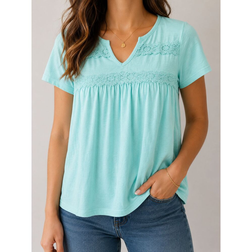 Caribbean Joe Mint Green Lace Trim Babydoll Top S 100% Cotton Boho Cottagecore